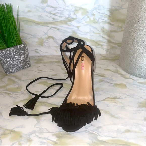 JustFab Tayrey Suede Wrap Around Fringe Tassel Stiletto Strappy Heels - Black - Picture 10 of 11